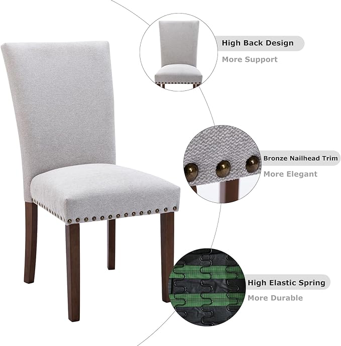 COLAMY Upholstered Parsons Dining Chairs Set of 6, Fabric Dining Room Kitchen Side Chair with Nailhead Trim and Wood Legs - Light Grey - LeafyLoom