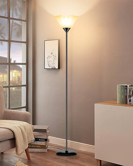 Floor Lamp Led Standing Lamps 74'' Tall Torchiere Floor Lamp with White Plastic Shade Black Modern Stand Lamps for Living Room Bedroom Classroom Dorm Office, E26 Bulb Included - LeafyLoom