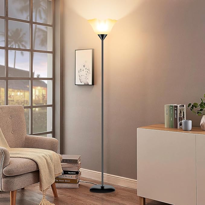 Floor Lamp Led Standing Lamps 74'' Tall Torchiere Floor Lamp with White Plastic Shade Black Modern Stand Lamps for Living Room Bedroom Classroom Dorm Office, E26 Bulb Included - LeafyLoom