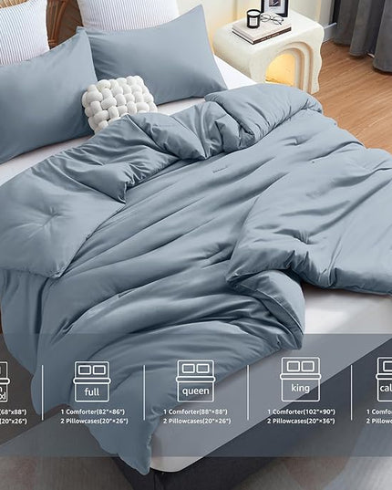 CozyLux Grayish Blue Comforter Set King Size, 3 Pieces Solid Breathable Quilted Boho Style Bedding Sets, Luxury Fluffy Soft Microfiber Comforter for All Season(1 Comforter & 2 Pillowcases) - LeafyLoom