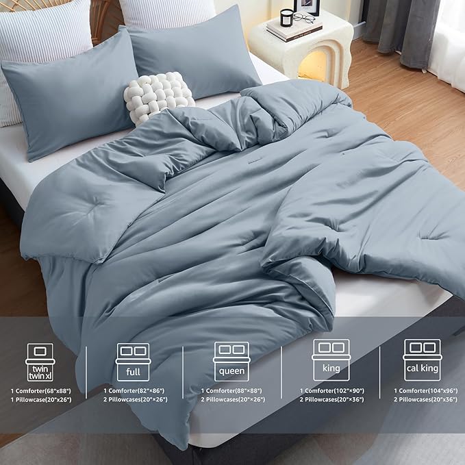 CozyLux Grayish Blue Comforter Set King Size, 3 Pieces Solid Breathable Quilted Boho Style Bedding Sets, Luxury Fluffy Soft Microfiber Comforter for All Season(1 Comforter & 2 Pillowcases) - LeafyLoom