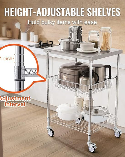 VEVOR Kitchen Utility Cart, 36.6"x20"x24" 3 Tiers Wire Rolling Cart, 470LBS Capacity Steel Service Cart with Brake Wheels, Storage Trolley with 76mm Basket PP Liner 6 Hooks, for Indoor & Outdoor Use - LeafyLoom