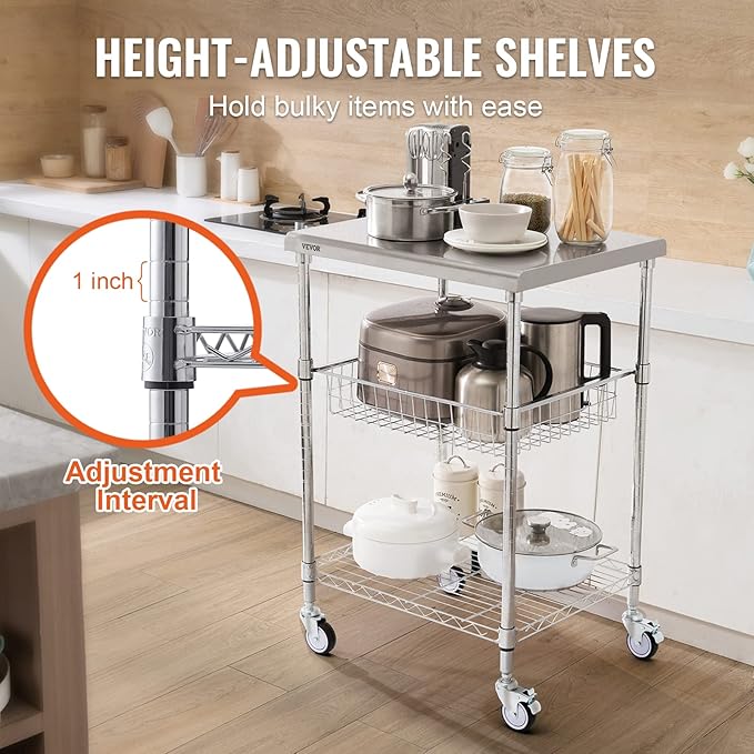 VEVOR Kitchen Utility Cart, 36.6"x20"x24" 3 Tiers Wire Rolling Cart, 470LBS Capacity Steel Service Cart with Brake Wheels, Storage Trolley with 76mm Basket PP Liner 6 Hooks, for Indoor & Outdoor Use - LeafyLoom