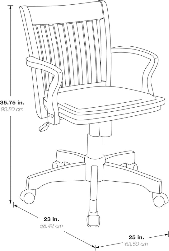 OSP Home Furnishings Deluxe Wood Banker's Desk Chair with Padded Seat, Adjustable Height and Locking Tilt, Fruitwood Finish and Black Vinyl - LeafyLoom