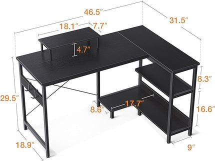 ODK 47 Inch Small L Shaped Computer Desk with Reversible Storage Shelves, L-Shaped Corner Desk with Monitor Stand for Small Space, Modern Simple Writing Study Table for Home Office Workstation, Black - LeafyLoom