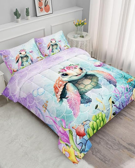 Datura home Kids Comforter Set Mermaid Scale Turtle Printed Pattern Bedding Set with 1 Comforter and 2 Pillowcases for Girls Boys Bedroom All Season(Turtle Queen) - LeafyLoom