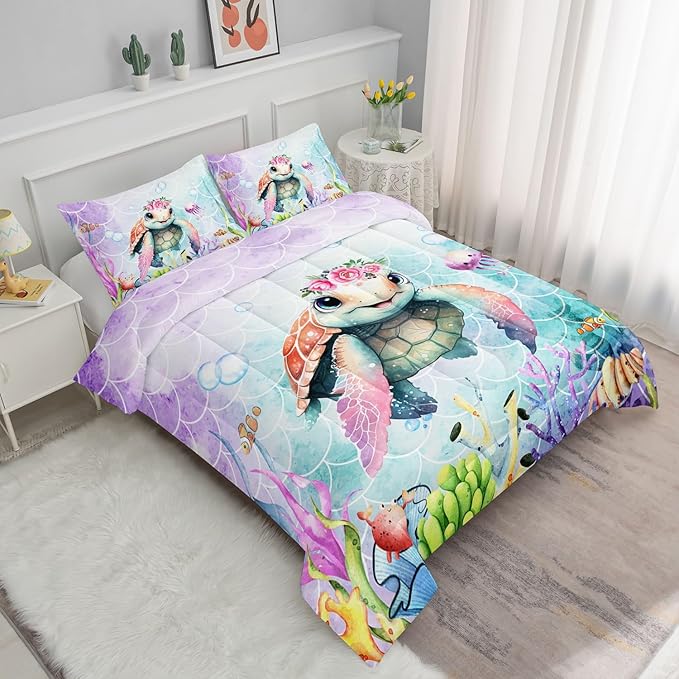 Datura home Kids Comforter Set Mermaid Scale Turtle Printed Pattern Bedding Set with 1 Comforter and 2 Pillowcases for Girls Boys Bedroom All Season(Turtle Queen) - LeafyLoom
