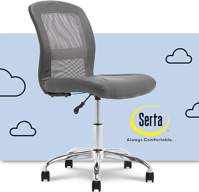 Serta Essential Armless Desk Chair Small TaskChair with Wheels, Breathable Mesh Back, SertaQuality Foam Cushion Seat for Comfort, Functional, Lightweight and Versatile, Task, Gray - LeafyLoom