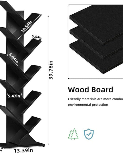 10 Tier Tree Book Shelf, Floor Standing Wood Bookshelf for Narrow Space, Storage Organizer Bookshelves for Books/CDs/Magazine, Bookcase with Shelves for Home Office, Living Room - Black - LeafyLoom