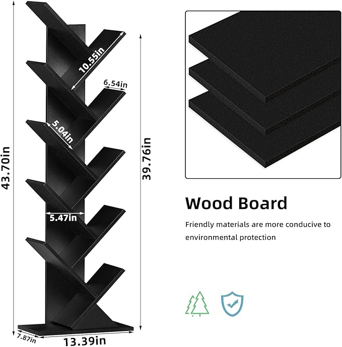 10 Tier Tree Book Shelf, Floor Standing Wood Bookshelf for Narrow Space, Storage Organizer Bookshelves for Books/CDs/Magazine, Bookcase with Shelves for Home Office, Living Room - Black - LeafyLoom