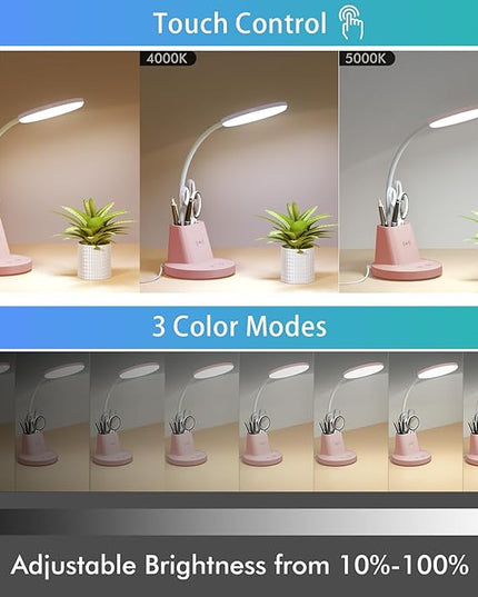 Sailstar Desk Lamp for Home Office, Small Desk Lamp with Wireless Charger & Pen Holder, Cute Desk Lamp LED Dimmable Touch 3 Lighting Modes Memory, Gooseneck Pink Desk Light for College Dorm Room - LeafyLoom