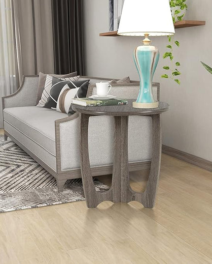 FINECASA Round End Table Small Rustic Side Table with Curved Legs Farmhouse Side Table Living Room, Bedroom, Entryway, Bedside, Nightstand (Grey) - LeafyLoom