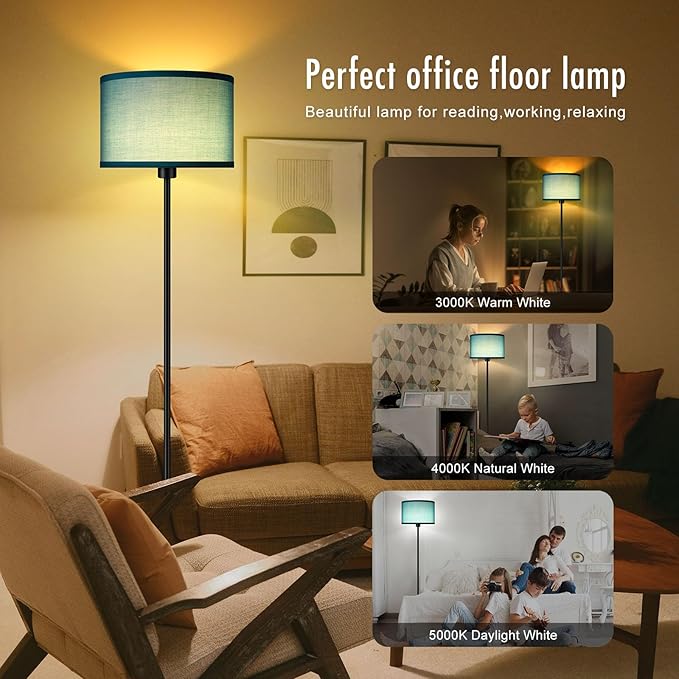 BoostArea Floor Lamp Standing Lamp, LED Floor Lamp with 3 Dimmable Levels, Simple Floor Lamp with Linen Lampshade, On/Off Footswitch, Black Floor Lamps for Living Room/Bedroom, Green(without Bulb) - LeafyLoom