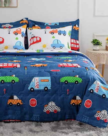 Wajade Cartoon Cars Comforter Set Bed in A Bag Twin Size Colorful Cars Bus Van Traffic Lights Bedding Set for Boys Kids (1 Comforter, 1 Flat Sheet, 1 Fitted Sheet, 2 Pillowcase and 2 Pillow Sham) - LeafyLoom