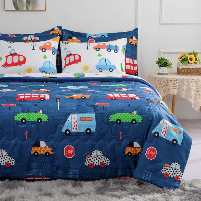 Wajade Cartoon Cars Comforter Set Bed in A Bag Queen Size Colorful Cars Bus Van Traffic Lights Bedding Set for Boys Kids (1 Comforter, 1 Flat Sheet, 1 Fitted Sheet, 2 Pillowcase and 2 Pillow Sham) - LeafyLoom