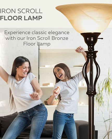 LIGHTACCENTS Bronze Floor Lamp with Alabaster Glass Bowl Shade for Living Room Decor - Torchiere Floor Lamps- Tall Floor Lamp - Traditional Iron Scrollwork Unique Floor Lamp for Living Room - LeafyLoom