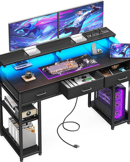 AODK 48 inch Computer Desk with 3 Drawers, Gaming Desk with LED Lights & Power Outlets, Home Office Desk with Storage Shelves & Monitor Stand, Modern Work Study Writing Table for Small Spaces, Black - LeafyLoom