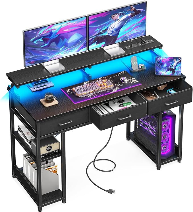 AODK 48 inch Computer Desk with 3 Drawers, Gaming Desk with LED Lights & Power Outlets, Home Office Desk with Storage Shelves & Monitor Stand, Modern Work Study Writing Table for Small Spaces, Black - LeafyLoom