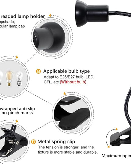 Desk Clip Lamp Holder Clamp Clip on Light with 40CM Swing Arm 360 ° Flexible Gooseneck Clip Lamp with 220CM Cable E27 Reading Clip Lamp for Bedroom Turtle Heating Lamps - LeafyLoom