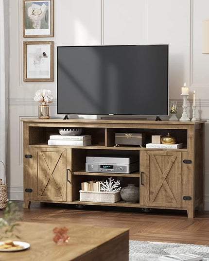 YITAHOME Highboy Farmhouse Barn Door TV Stand for 65 Inch TV, Modern Entertainment Center for 300 lbs, Rustic TV Media Console Storage TV Cabinet for Living Room, Barnwood, 59.5” - LeafyLoom