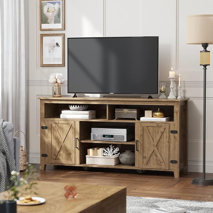 YITAHOME Highboy Farmhouse Barn Door TV Stand for 65 Inch TV, Modern Entertainment Center for 300 lbs, Rustic TV Media Console Storage TV Cabinet for Living Room, Barnwood, 59.5” - LeafyLoom
