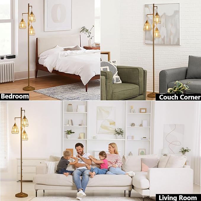 9MMML Golden Dimmable Floor Lamp,Industrial Farmhouse Tall Standing Floor Lamp for Living Room, Bedroom, Corner,Office,Gold 3 Teardrop Cage Lampshade,68”Height,3 LED Bulb Included - LeafyLoom