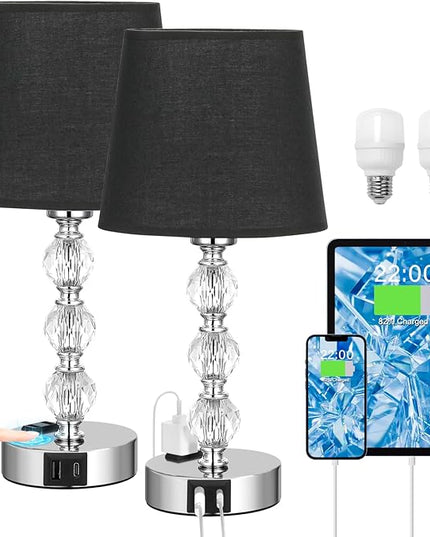 Acaxin Bedside Table Lamps for Bedrooms Set of 2 Nightstand- Crystal Table Lamps with USB C+A Ports & AC Outlet for Charging, 3 Way Dimmable Touch Silver Small Bed Side Table Lamp for Guest Room - LeafyLoom