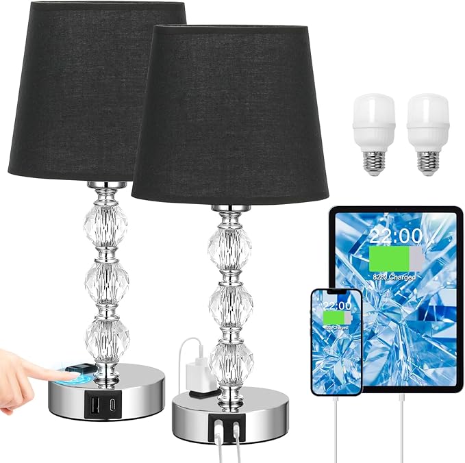 Acaxin Bedside Table Lamps for Bedrooms Set of 2 Nightstand- Crystal Table Lamps with USB C+A Ports & AC Outlet for Charging, 3 Way Dimmable Touch Silver Small Bed Side Table Lamp for Guest Room - LeafyLoom