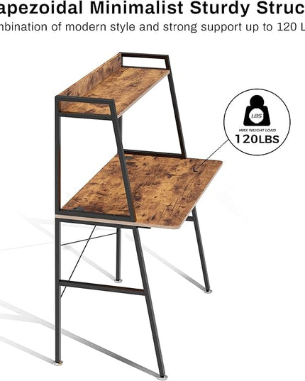 DESIGNA Small Computer Ladder Desk with Storage Shelves, 43 Inch 2-Tier Home Office Students Study Writing PC Gaming Table with Bookshelf Modern Workstation for Space Saving, Metal Frame, Rustic Brown - LeafyLoom