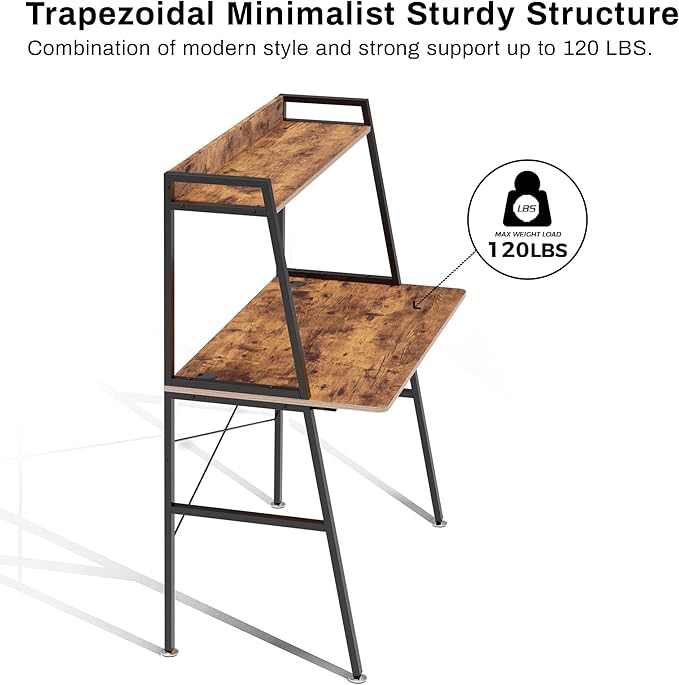 DESIGNA Small Computer Ladder Desk with Storage Shelves, 43 Inch 2-Tier Home Office Students Study Writing PC Gaming Table with Bookshelf Modern Workstation for Space Saving, Metal Frame, Rustic Brown - LeafyLoom