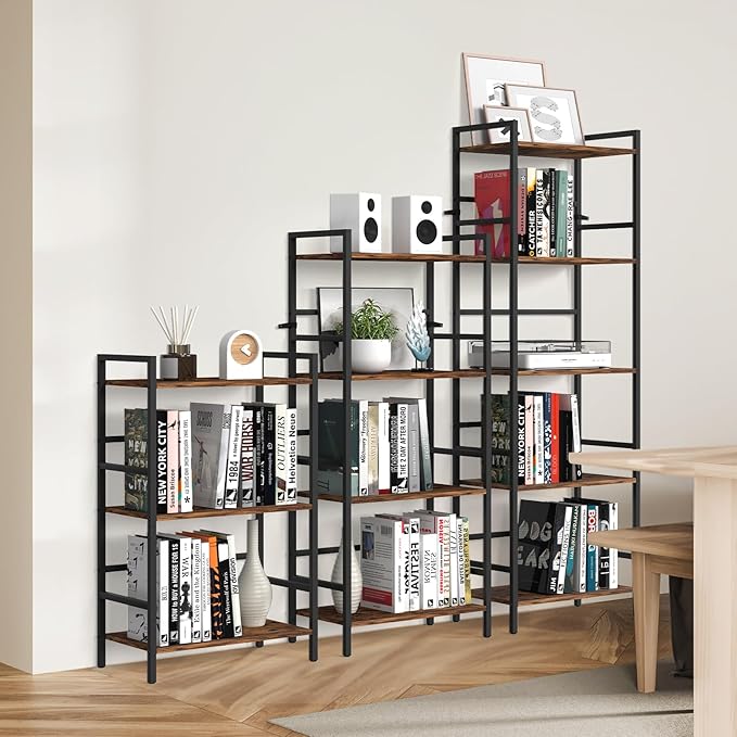 CADUKE 5 Tier Industrial Bookshelf Tall Bookcase with Storage Book Shelf Stand Wood and Metal Book Shelves for Office Brown Bookcase Shelf for Bedroom Kids Room - LeafyLoom