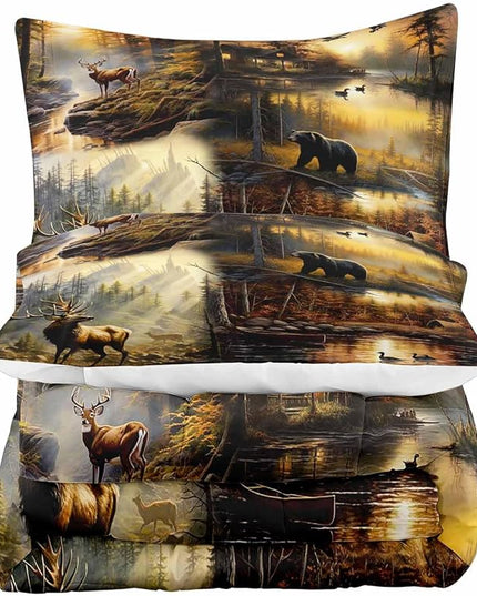 LUVIVIHOME 3PCS Black Bear Deer Cabin Comforter Set King Size, Elk Moose Mallard Duck Woodland Forest Animal Wildlife Hunting Camo Hunter Country Lodge Rustic Farmhouse Bedding Sets, 2 Pillow Cases - LeafyLoom