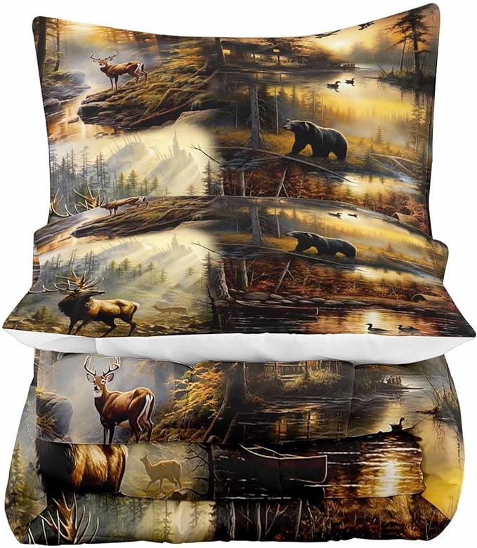 LUVIVIHOME 3PCS Black Bear Deer Cabin Comforter Set King Size, Elk Moose Mallard Duck Woodland Forest Animal Wildlife Hunting Camo Hunter Country Lodge Rustic Farmhouse Bedding Sets, 2 Pillow Cases - LeafyLoom