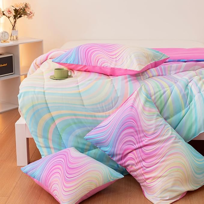 4 Pcs Pink Twin Comforter Set for Girls, Tie Dye Superior Kids Teen Bedding Sets, Blue Pink Rainbow Twin Size Bedding Set for Girls - LeafyLoom