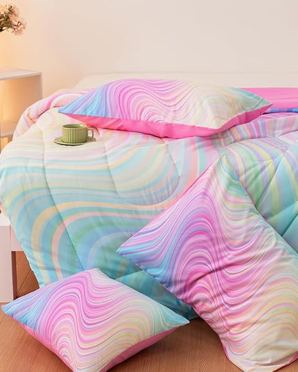 4 Pcs Pink Full Comforter Set for Girls, Tie Dye Superior Kids Teen Bedding Sets, Blue Pink Rainbow Full Size Bedding Set for Girls - LeafyLoom