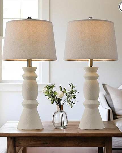 Oneach 25.75'' Farmhouse Ceramic Table Lamp for Living Room Bedside Lamps Office White Table Lamp Set of 2 for Bedroom Retro Nightstand Lamp End Table Lamps (Beige) - LeafyLoom
