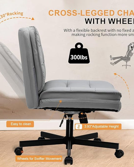 COMHOMA Criss Cross Chair with Wheels, Armless Wide Cross Legged Office Chair Mid Back, Modern Home Office Desk Chair Swivel Adjustable Vanity Computer Chair, Gray - LeafyLoom