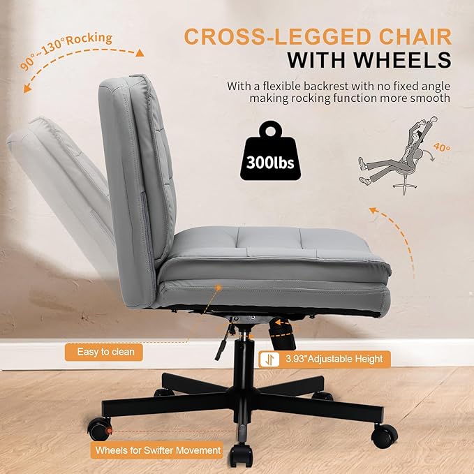 COMHOMA Criss Cross Chair with Wheels, Armless Wide Cross Legged Office Chair Mid Back, Modern Home Office Desk Chair Swivel Adjustable Vanity Computer Chair, Gray - LeafyLoom