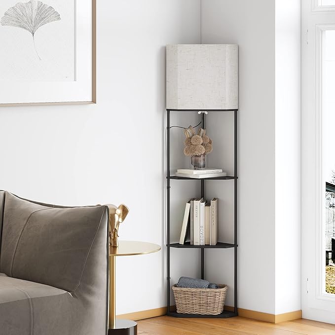 SUNMORY Sector corner shelf lamp 3 color temperatures LED Bulb,corner lamp with linen lampshade, floor lamps for living room, bedroom, study，black corner lamp with shelves - LeafyLoom