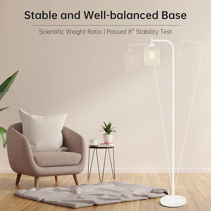 BoostArea White Industrial Floor Lamp, 67 Inch Modern Standing Lamp with Iron Mesh Lampshade, 6W LED Stand Up Lamp for Living Room, Bedroom, Office, Den - LeafyLoom