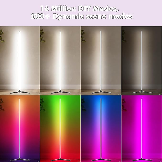 Corner Floor Lamp, 65” LED Smart Modern Music Sync Color Changing RGB Floor Lamp with Remote & App Control for Bedroom, Corner Lamp with 16 Million DIY Modes, Timer Setting for Gaming Room - LeafyLoom