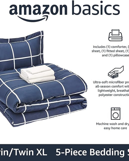 Amazon Basics Lightweight Microfiber Bed-in-a-Bag Comforter 5 Piece Bedding Set, Twin/Twin XL, Navy with Grey Plaid - LeafyLoom