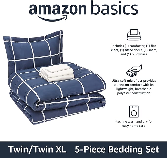 Amazon Basics Lightweight Microfiber Bed-in-a-Bag Comforter 5 Piece Bedding Set, Twin/Twin XL, Navy with Grey Plaid - LeafyLoom