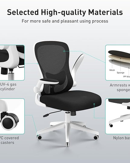 Hbada Office Chair Ergonomic Desk Chair, Office Desk Chairs with PU Silent Wheels, Breathable Mesh Computer Chair with Adjustable Lumbar Support, Flip-up Armrests, Tilt Function, White - LeafyLoom