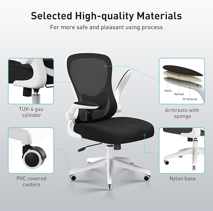 Hbada Office Chair Ergonomic Desk Chair, Office Desk Chairs with PU Silent Wheels, Breathable Mesh Computer Chair with Adjustable Lumbar Support, Flip-up Armrests, Tilt Function, White - LeafyLoom