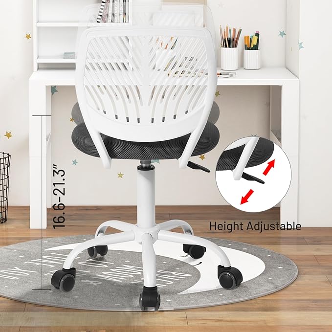 FurnitureR Desk Chair Small Study Chairs Armless for Child Kids Teens, Swivel Rolling Lightweight Task Chair with Wheels and Mesh Padded Cushion, Black/Grey - LeafyLoom