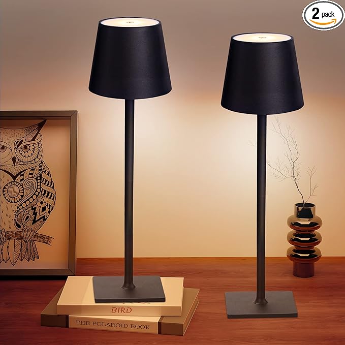 2 Pack Cordless Table Lamps, 3 Colors Stepless Dimming, 5000mAh Rechargeable Battery LED Desk Lamp for Bedroom/Couple Dinner/Desk/Cafe/Dining Room/Terrace - LeafyLoom