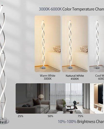 ADISUN 31W Modern Floor Lamp, LED Spiral Floor Lamp for Living Room, 3-Color Dimmable Standing Floor Lamp with Remote Control, 58" Tall Floor Lamp for Living Room Bedroom Office Dining Room (Silver) - LeafyLoom