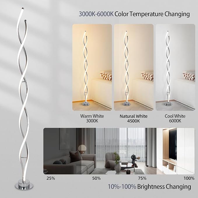 ADISUN 31W Modern Floor Lamp, LED Spiral Floor Lamp for Living Room, 3-Color Dimmable Standing Floor Lamp with Remote Control, 58" Tall Floor Lamp for Living Room Bedroom Office Dining Room (Silver) - LeafyLoom