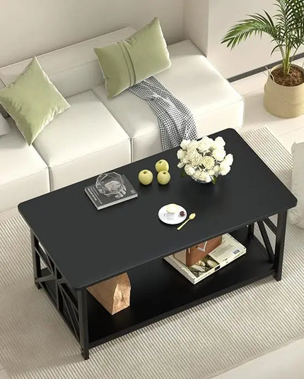 GreenForest Coffee Table with Round Corner, Farmhouse Center Table with 2-Tier Storage Shelf X-Frame Design for Living Room, 39 inch Black - LeafyLoom